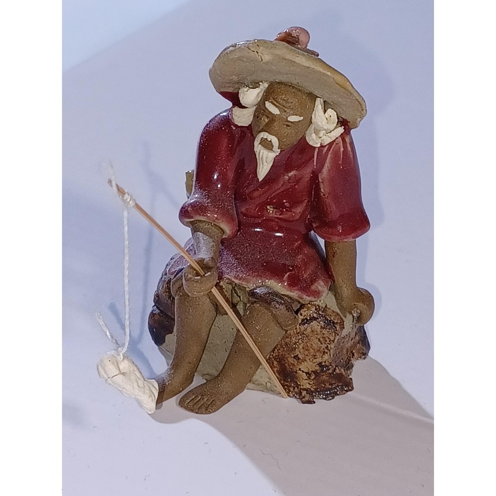 Vintage Unmarked Asian Fisherman Ceramic Figurine Small Red Seated Hand Painted